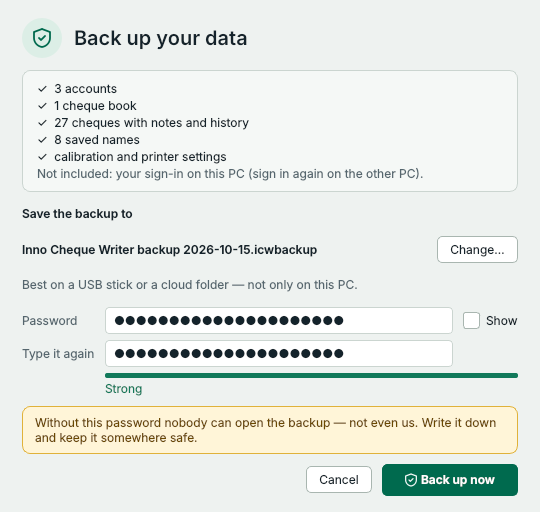Back up your data: the file name and the password