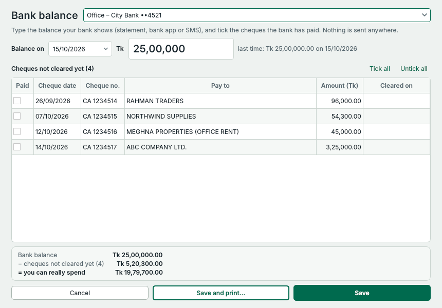 Bank balance of the Office – City Bank account: Tk 25,00,000