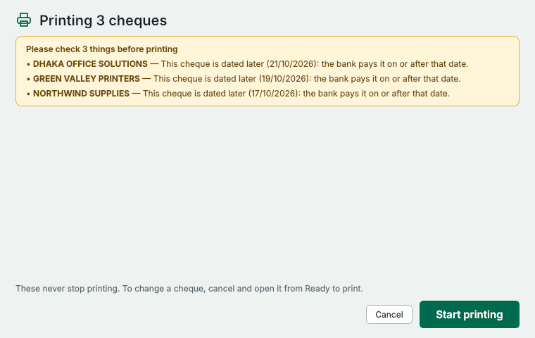 Printing 3 cheques: the checks before printing starts
