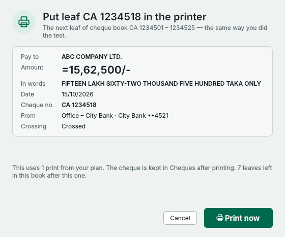 The window after Print cheque: put leaf CA 1234518 in the printer