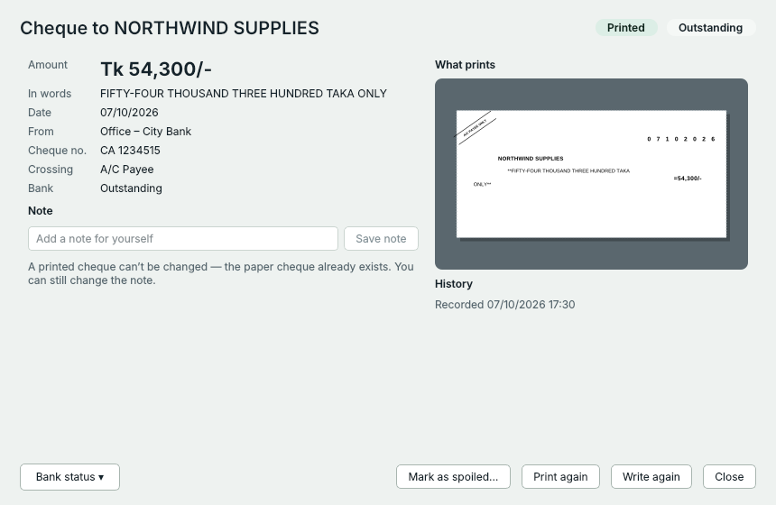 Cheque details for a printed cheque to NORTHWIND SUPPLIES