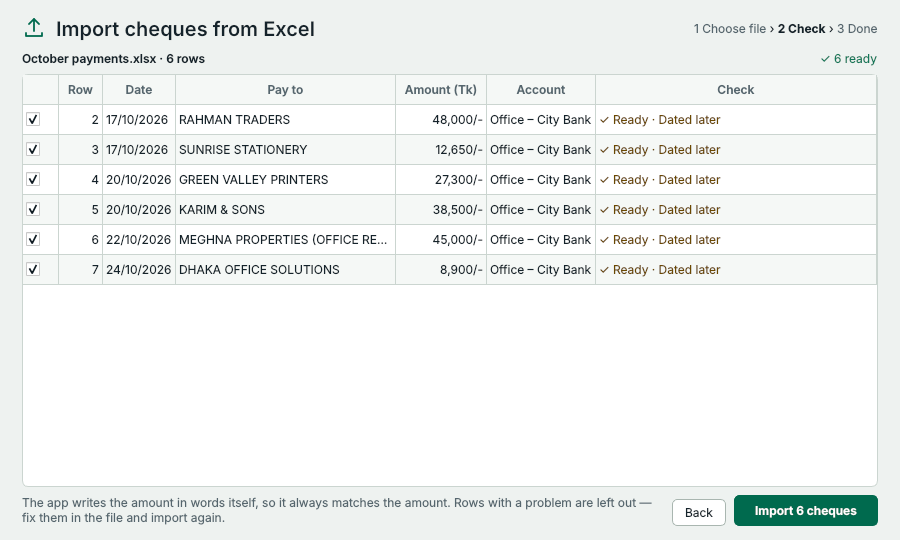 Import cheques from Excel, step 2: six rows checked and ready