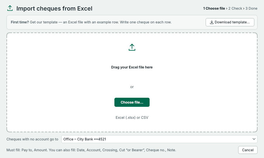 Import cheques from Excel, step 1: choose the file