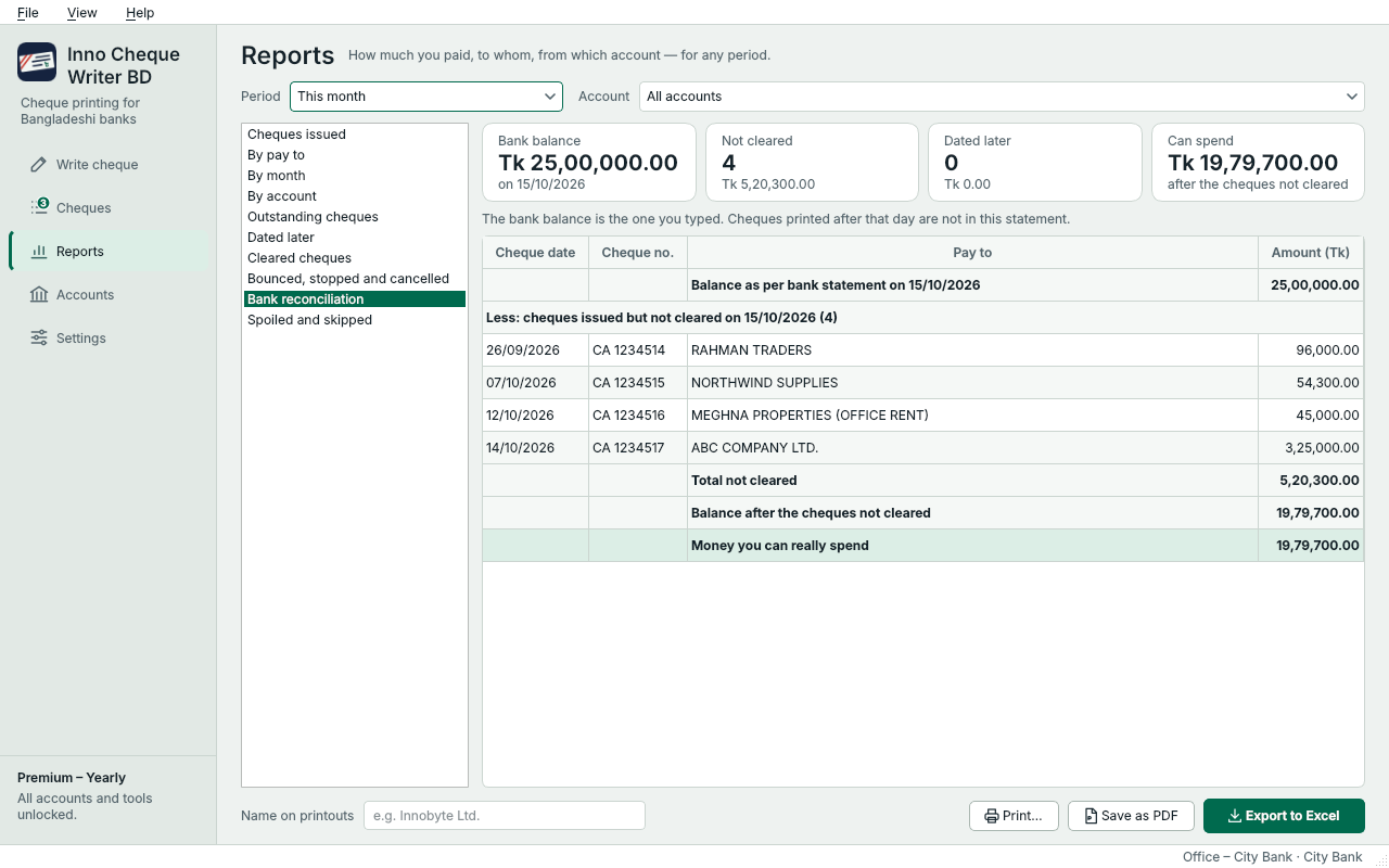 Bank reconciliation: the bank balance minus the cheques not cleared yet
