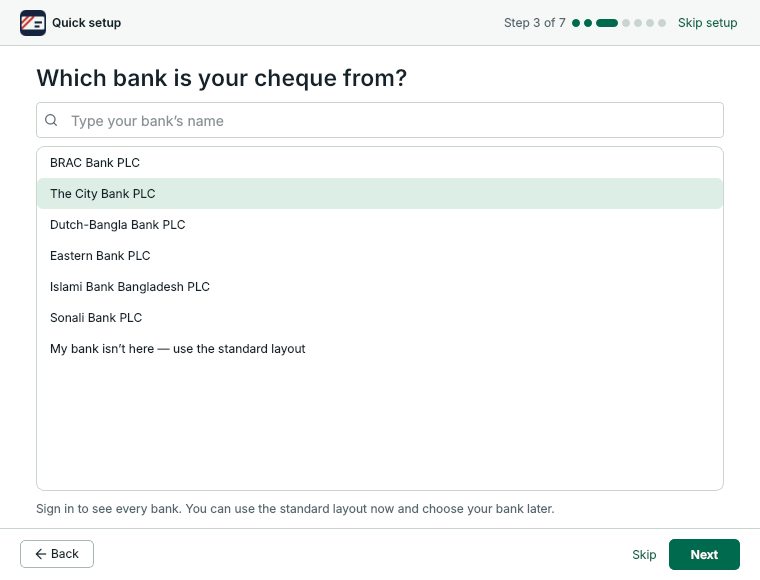 Quick setup, step 3: the list of banks with The City Bank PLC chosen