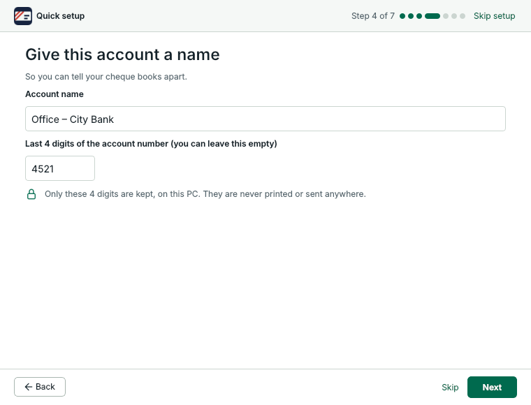 Quick setup, step 4: the account name and the last 4 digits
