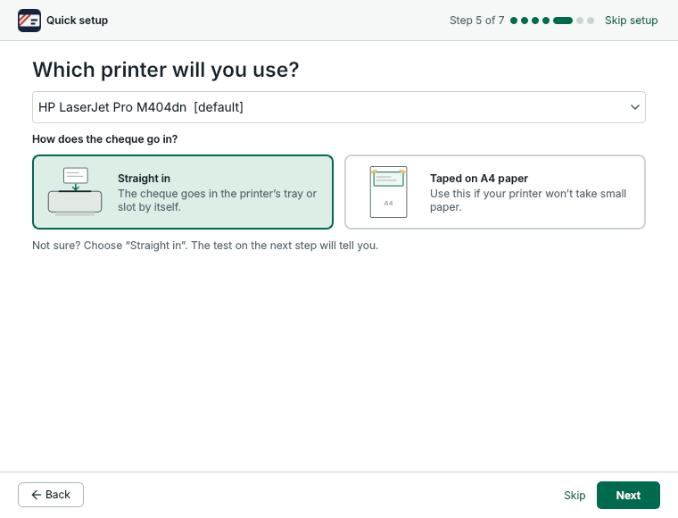 Quick setup, step 5: the printer and how the cheque goes in