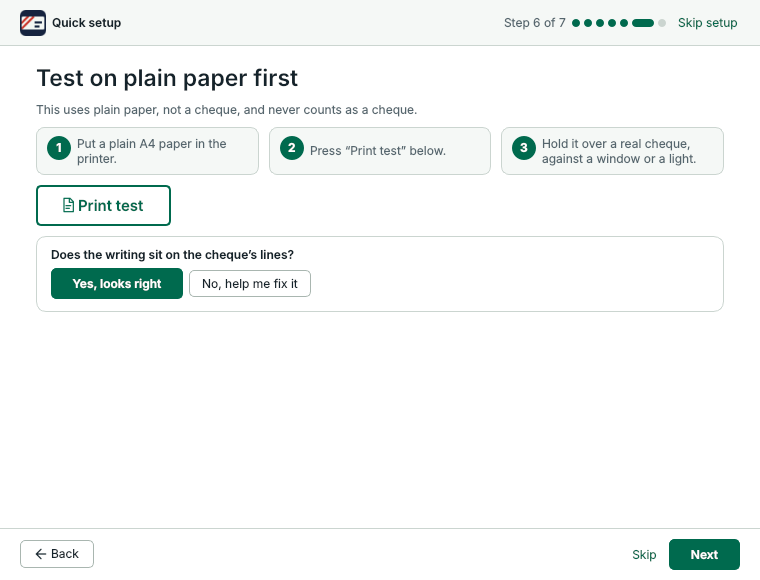 Quick setup, step 6: print a test on plain paper