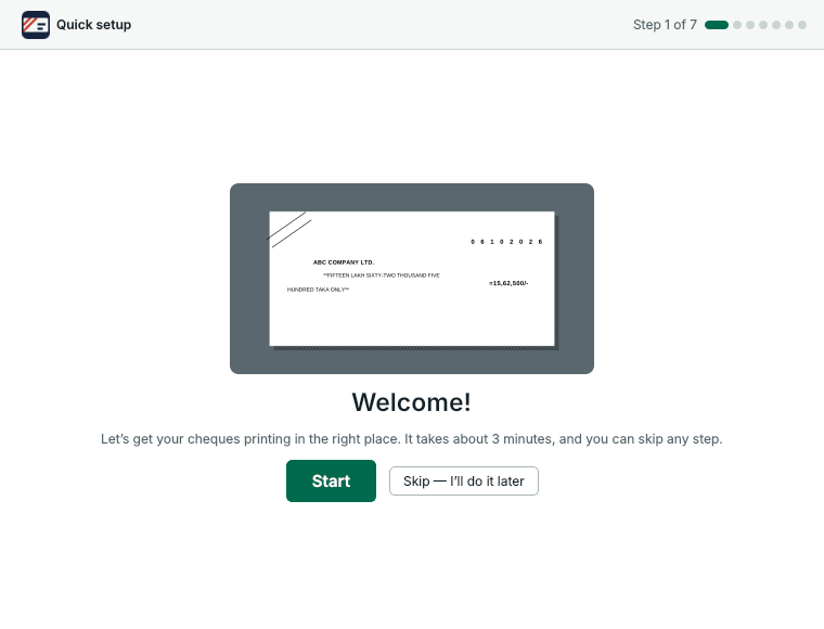 Quick setup, step 1: Welcome, with Start and Skip
