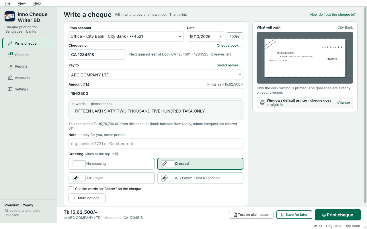 The Write a cheque page filled in for ABC COMPANY LTD., Tk 15,62,500