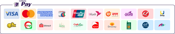 Payments verified by PayStation: Visa, Mastercard, American Express, NexusPay, UnionPay, bKash, Nagad, Rocket, Upay, OK Wallet, Tap, AB Direct, Islamic Wallet, CellFin, Citytouch, Dmoney, Islami Bank M-Cash, ST Pay and more